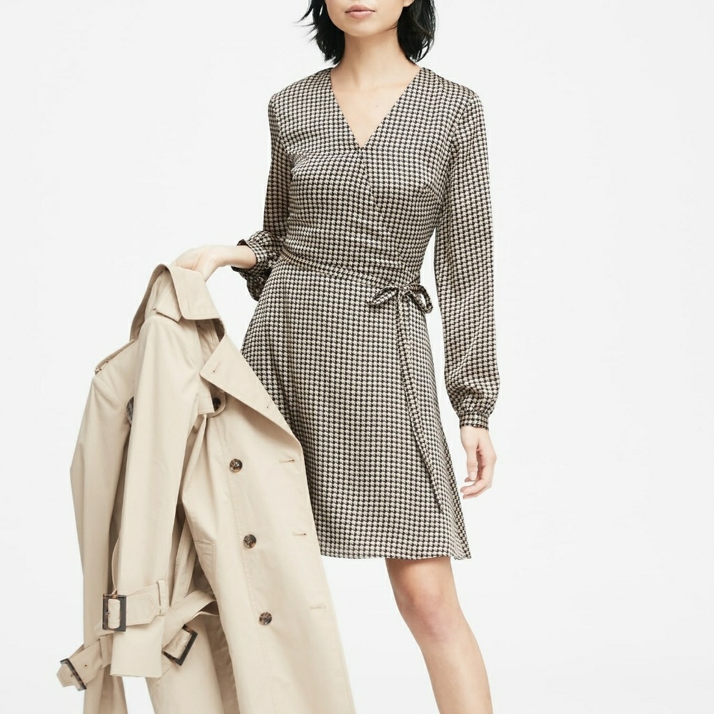 Banana Republic Black and White Houndstooth Wrap Mini Dress